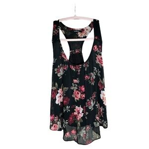 Black with Floral Rose Print Flowy Racerback Tank Top | Ambiance SZ M